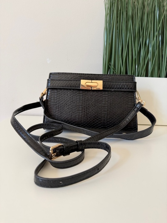 Handbags - Black Faux-Snakeskin Crossbody Bag with Gold Hardware